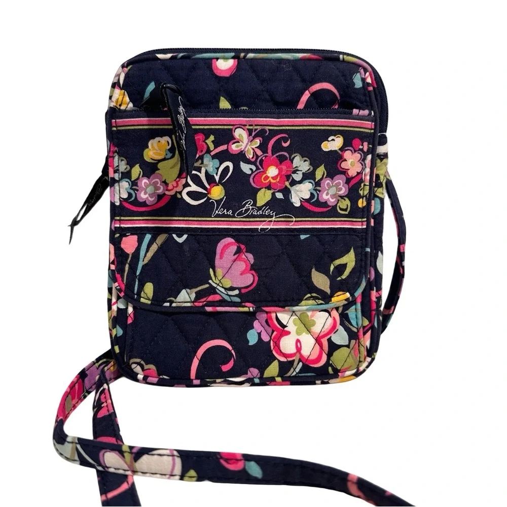 Vera Bradley Mini Hipster Navy Floral Quilted Crossbody in Ribbons Retired EUC